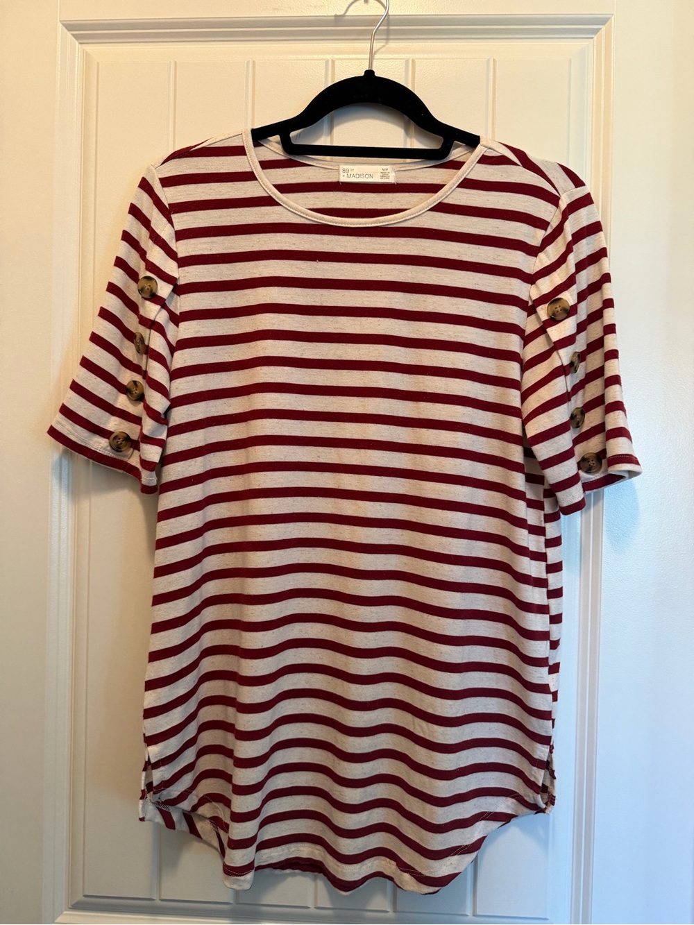 Madison Striped Short Sleeve Top in Burgundy and Cream with Button Accents